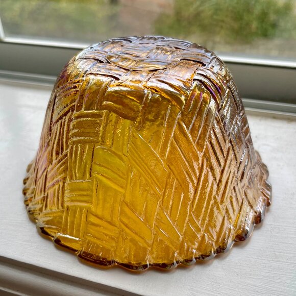 antique Indian weavetex woven basket iridescent marigold Carnival glass bowl - Picture 4 of 5